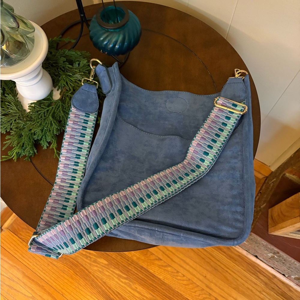 Blue Faux Suede Shoulder Bag with Patterned Strap